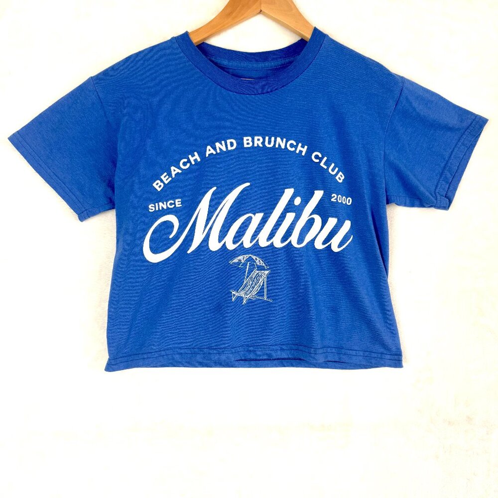 Sugar Flower Beach Brunch Malibu Cropped Crew T Shirt Womens M Royal Blue